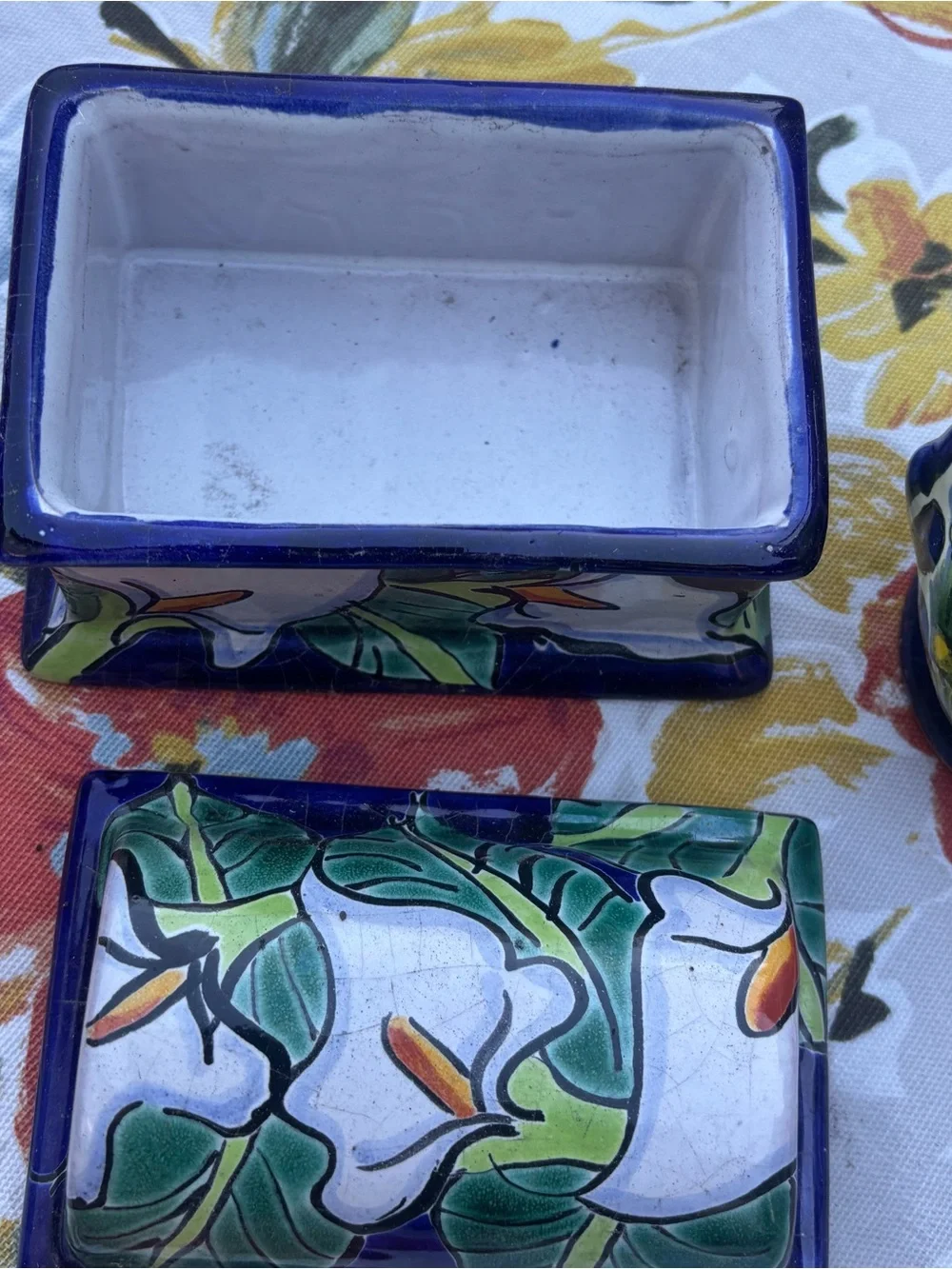 Hand-Painted Floral Ceramic Trinket Box and Vase - Blue Mexico